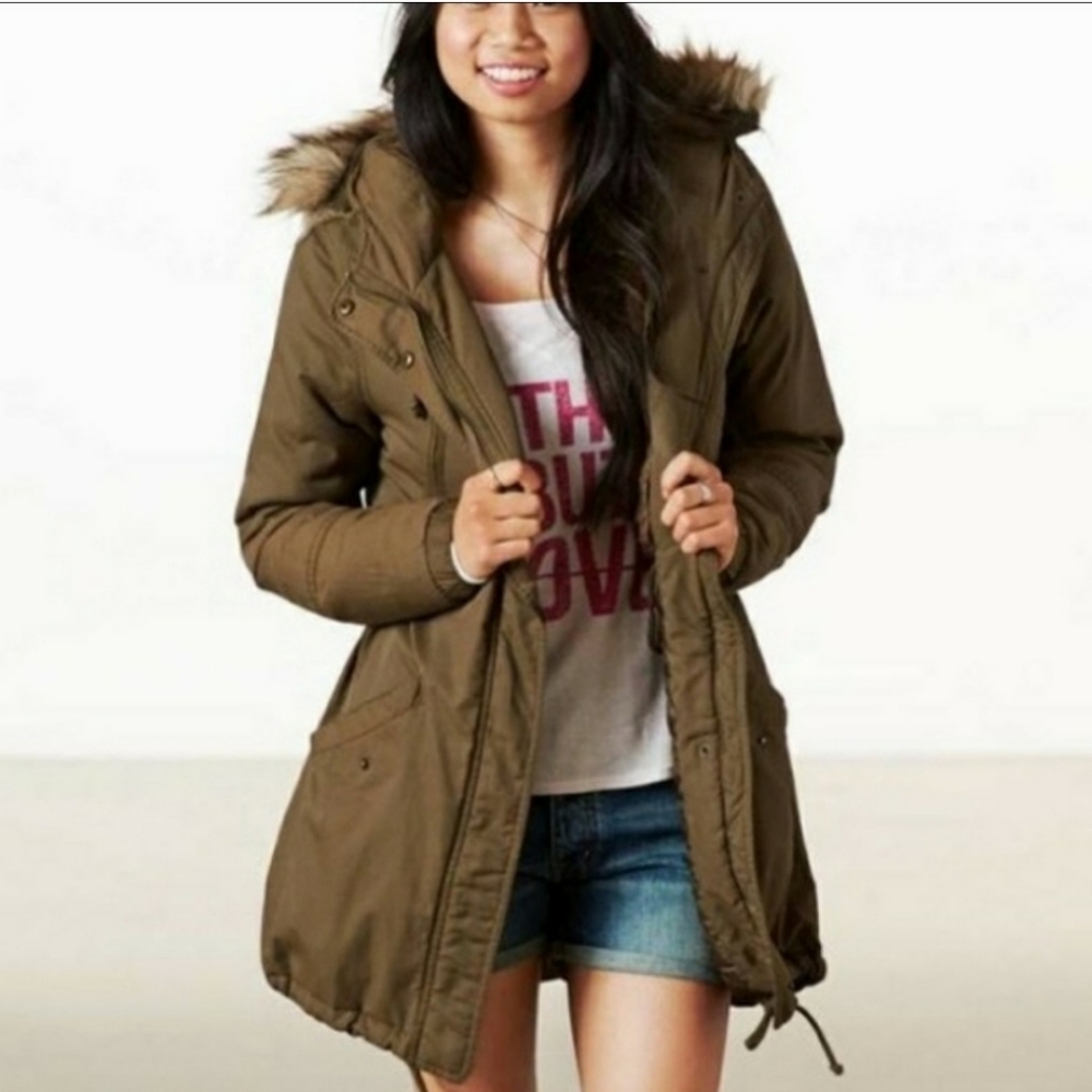 American Eagle Parka Olive Green Coat Hooded Fur Faux Trim XS
